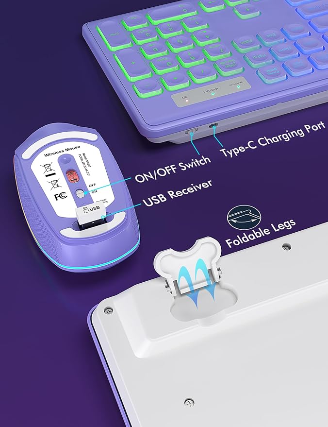 Wireless Keyboard and Mouse Combo, RGB Backlit, Rechargeable & Light Up Letters, Full-Size, Soft Typing, Sleep Mode, 2.4GHz Quiet Keyboard Set for Mac, Windows, Laptop, PC, Trueque (Purple)