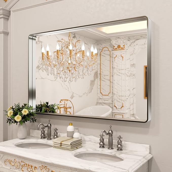 LOAAO 50X30 Inch Brushed Nickel Bathroom Mirror, Rounded Rectangle Silver Metal Frame Mirror, Brushed Nickel, Anti-Rust, Shatter Proof, Hangs Horizontally or Vertically
