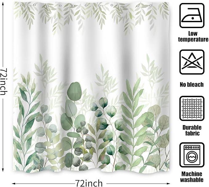 Sage Green Eucalyptus Shower Curtain Leaf Plant Herbs Spring Nature Waterproof Fabric Machine Washable with Hooks for Bathroom Bathtub Decor 72x72