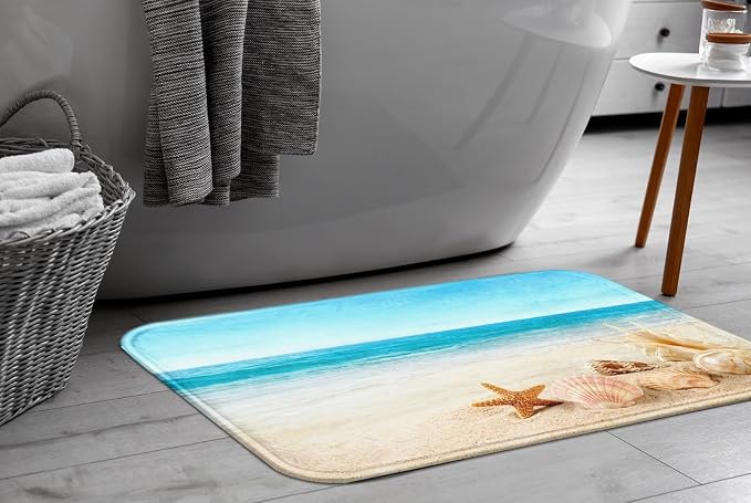 Britimes Bath Mat for Bathroom, Blue Beach Starfish Sea Washable Cover Floor Rug Carpets Floor Mat Bathroom Decorations 20x32 Inches for Kitchen Bedroom Indoor