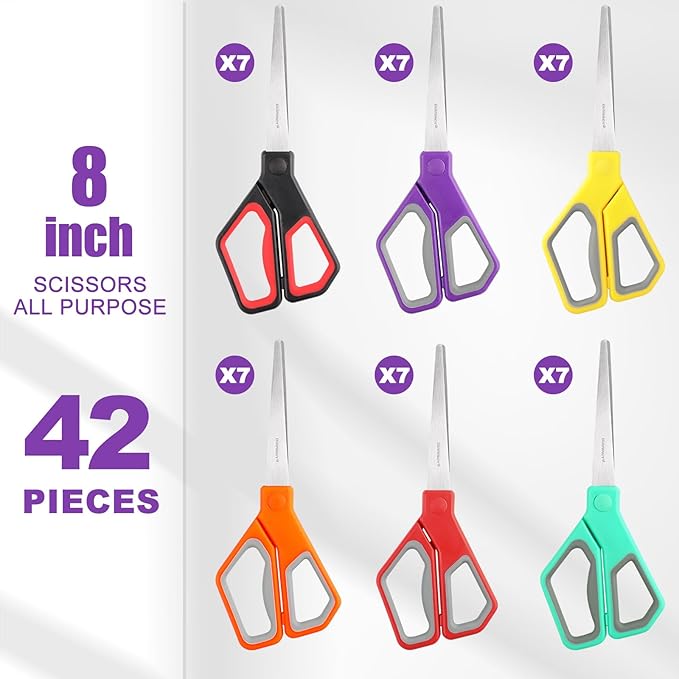 BURVAGY 42Pack 8" Scissors All Purpose, Heavy Duty Scissors with Ultra Sharp Blades Comfort Grip Handles - For Office Home School Sewing Fabric Crafts, High/Middle School Student Teacher Scissor