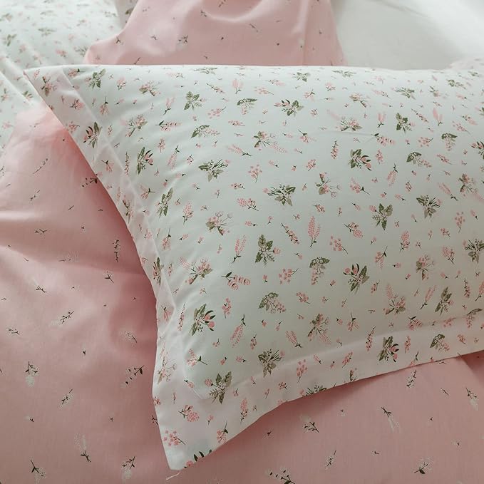 EAVD Vintage Style Garden Floral Duvet Cover King Size 100% Cotton White Pink Botanical Pattern Bedding Set with 2 Pillowcases Boho Fresh Aesthetic Floral Comforter Cover with Zipper Closure