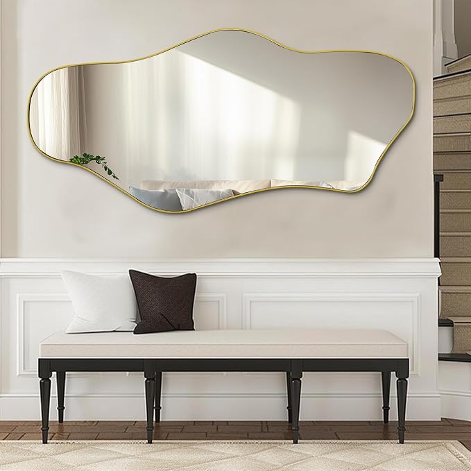 Irregular Mirror Full Length, 63.4"x29" Large Asymmetrical Mirror with Gold Metal Frame, Modern Abstract Wall Mirror for Living Room Bedroom Entryway, Hangs Vertically or Horizontally