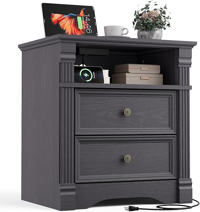 Nightstand with Charging Station, Farmhouse End Table with 2 Drawers and Storage Shelf, Wooden Bedside Table with Metal Handles, Vintage Design, Organizer for Bedroom, Hallway, Grey