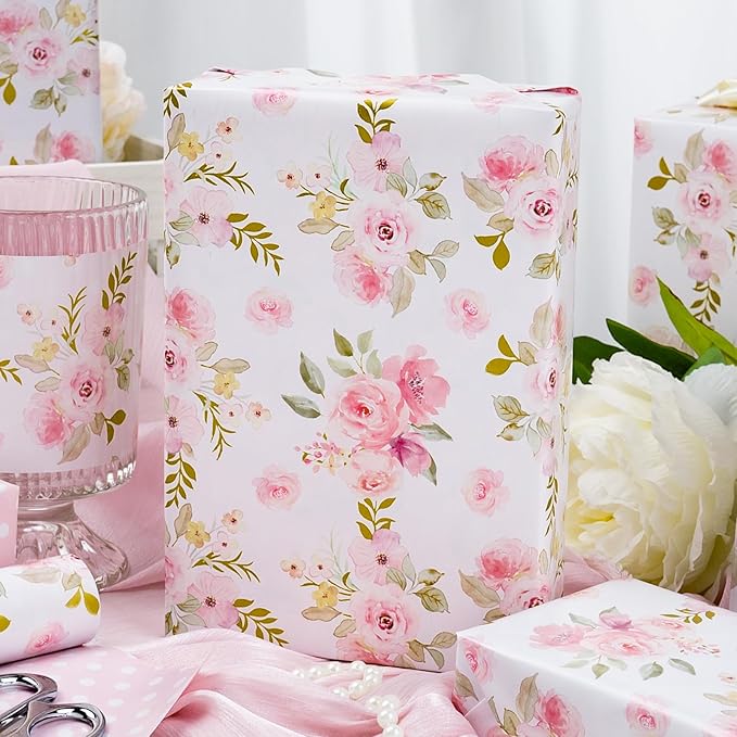 Burymento Pink Flower Wrapping Paper, Reversible Pink Wave Point Gift Wrap for Birthday, Valentines, Mothers day, Graduation, Wedding, Fathers day, Baby Shower, Christmas (17in x 32.8ft)