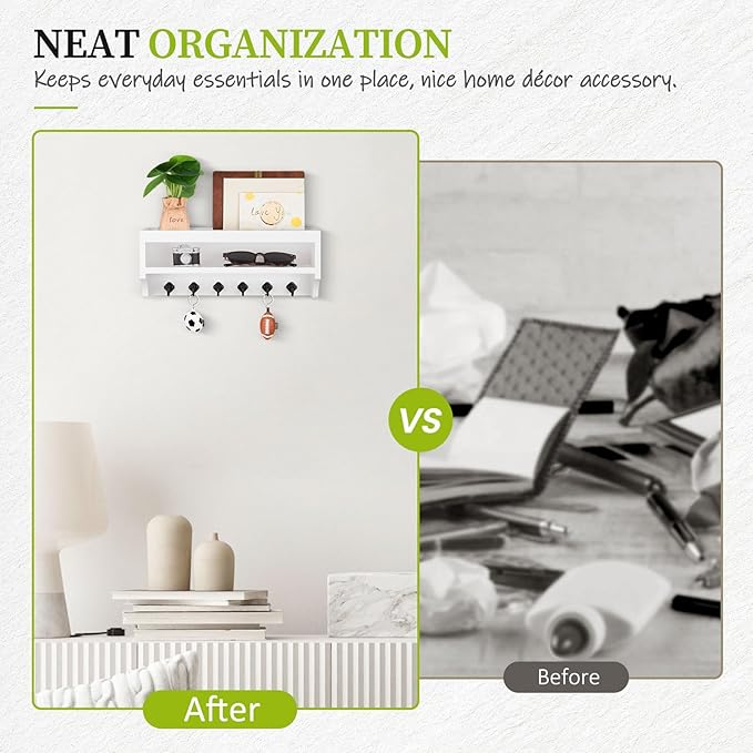 Nekon Key Holder Wall Mount, 12.8" W x 5.6" H x 3.7" D Wall Mounted Key and Mail Organizer with 6 Key Hooks, Key Racks for Home Entryway Decor (White)