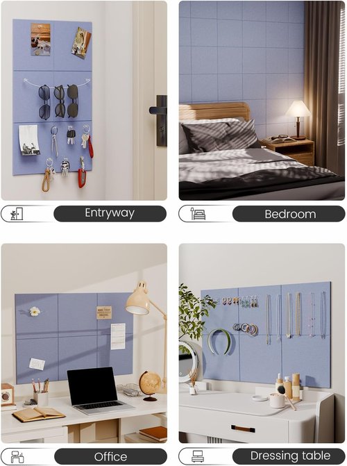 Fluxynara Felt Bulletin Board Tiles - 28"x18" Soft Periwinkle Cork Board Alternative | 6-Pack Wall Organizer