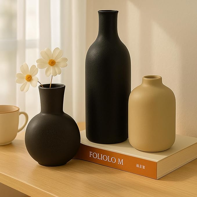 Ceramic Vase, Flower Vases Set of 3 Living Room Decor, Farmhouse Decor, Decorative Vase for Home Coffee Table, Book Shelf, Kitchen, Bedroom Centerpiece Table Decorations