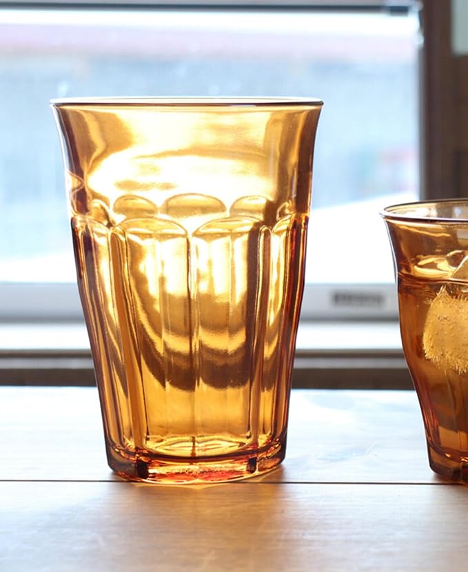 Duralex Made in France Picardie Glass Tumbler Set of 6, 12-1/8 oz, Amber
