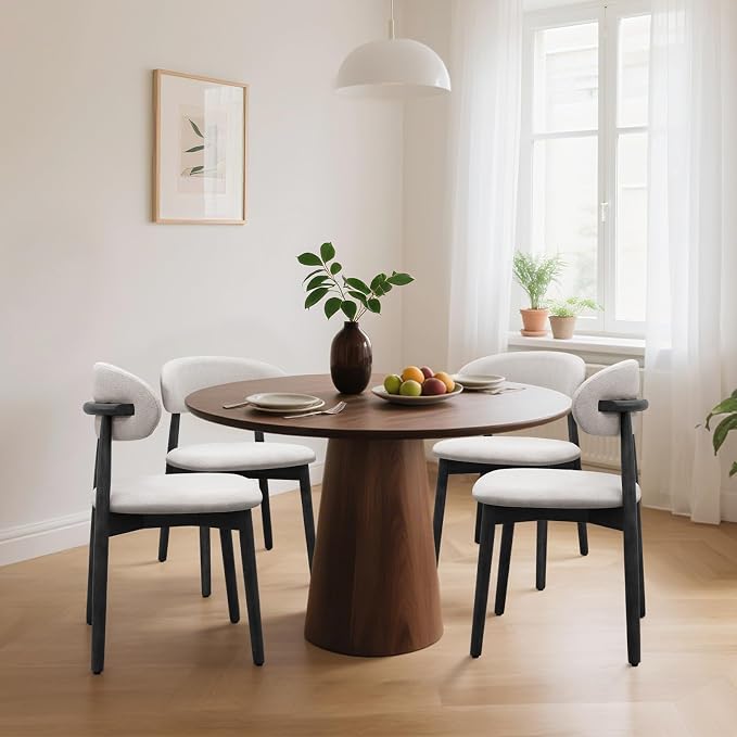 Farmhouse Dining Chairs Set of 4,Mid Century Modern Fabric Upholstered Kitchen Chairs,Wooden Dining Room Chair with Curved Back Black Leg for Kitchen Dining Room Restaurant Cafe,Linen Gray,Only Chairs