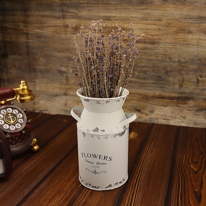 Galvanized White Milk Can Antique Retro Vase Metal Planter Rustic Vintage Primitive Flower Holder Farmhouse Country Plant for Home Office Decor, 7.5”
