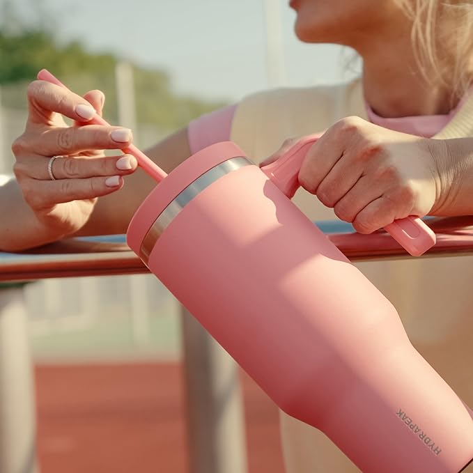 Hydrapeak Voyager 40 Oz Stainless Steel Tumbler with Handle, Insulated Water Bottle With Straw & Lid, Cupholder Friendly Reusable Travel Mug (Cotton Pink)
