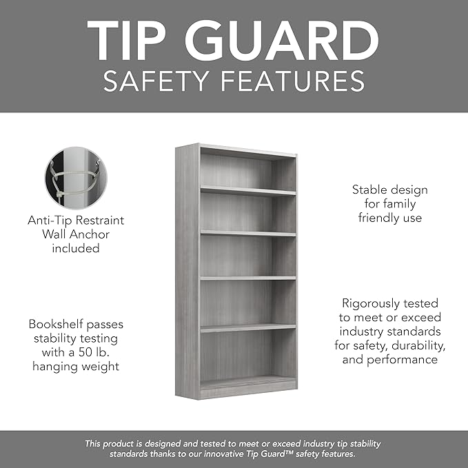 Bush Home Universal Tall 5 Shelf Bookcase in Platinum Gray, Vertical Storage and Display Bookshelf for Home Office or Living Room Organization