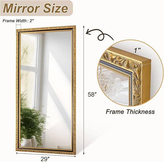 Vintage Large Wall Mirror for Wall, 59'' x 29'' Gold Antiuqe Living Room Mirror with Black Gold Frame, Traditional Ornate Gold Wooden Mirrors, Horizontal/Vertical