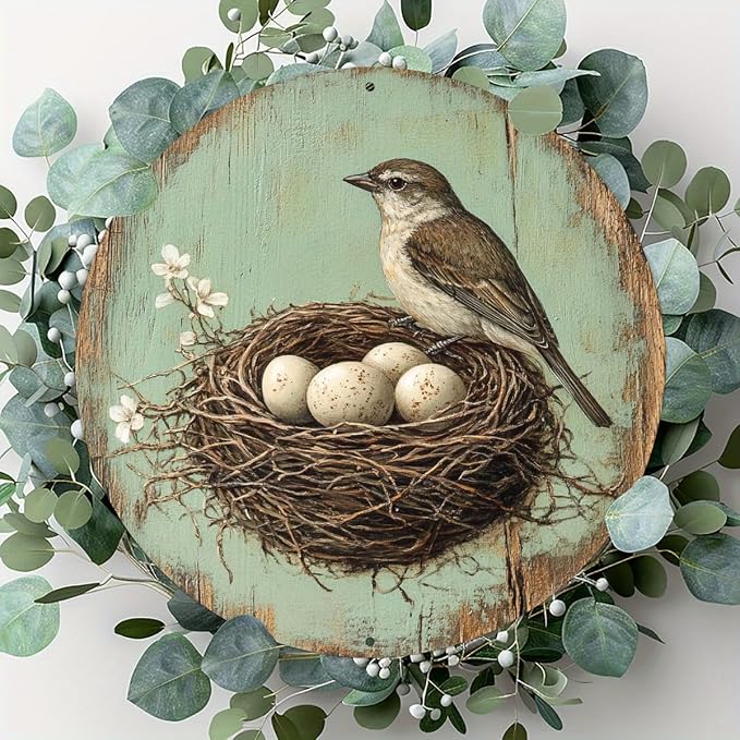Vintage Bird and Egg in Nest Round Aluminum Sign, 7.98x7.98 Inch Farmhouse Wall Decor with Pre-Drilled Holes, Durable Garden Yard Art for Home,Halloween & Christmas Gifts, Outside Decor