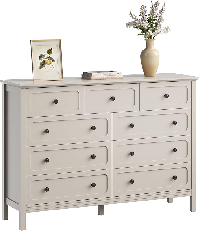 CARPETNAL Beige Dresser for Bedroom, 55" Wide 9 Drawer Dresser with Metal Handles and Deep Drawers, Modern Large Wood Chest of Drawers for Living Room, Hallway.