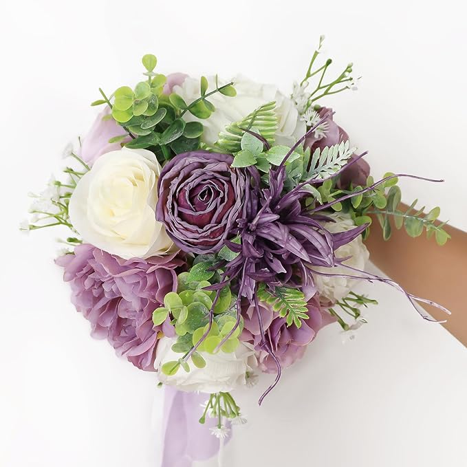 Bridesmaid Bouquets for Wedding 1 Pack - 9 Inch Artificial Flowers Bouquets for Ceremony Anniversary Centerpieces Decorations - Dusty Purple