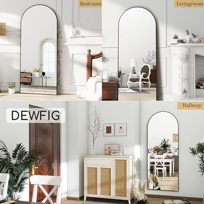 Dewfig Arched Full Length Mirror, 64"x21" Large Floor Mirrors with Stand, Full Body Mirror for Leaning Hanging, Standing Mirrors for Bedroom, Living Room,Dressing Room, Aluminum Alloy Frame, Black