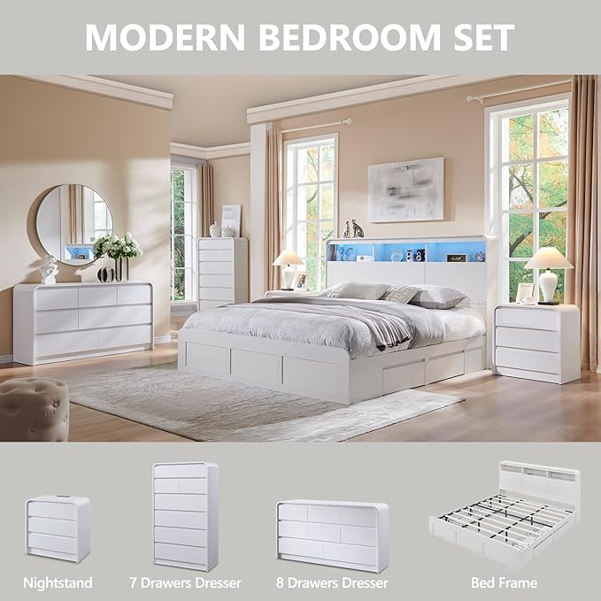 Modern 8 Drawers Dresser for Bedroom, 55" Wide Dressers & Chest of Drawers w/Curved Profile Design, Wood Mid Century Storage Dressers Organizer for Bedroom, Living Room, White