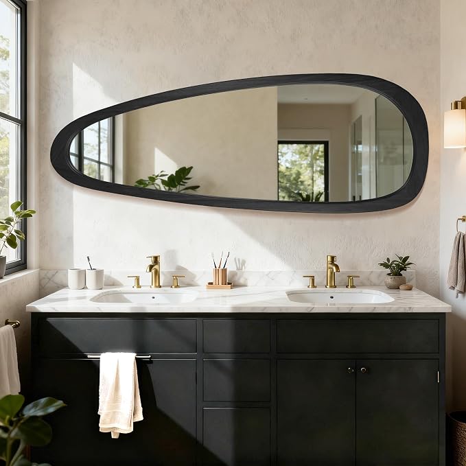 60''x22'' Asymmetrical Mirror with Black Wood Frame, Small Irregular Wavy Wall Mirror, Odd Shaped Mid Century Modern Mirror Decor for Bedroom Living Room Entryway Hall