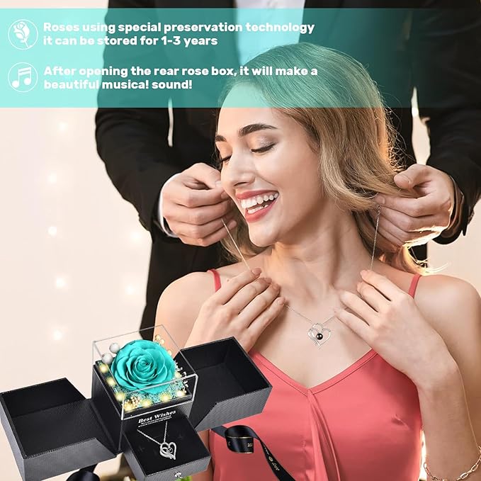 Christmas Birthday Gifts for Women - Preserved Real Rose with I Love You Heart 100-Language Necklace, LED Lights & Music Gift Box, Christmas for Women Girlfriend Mom