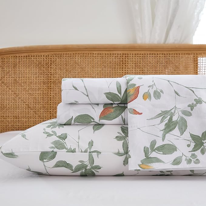 100% Cotton Sheets Set King Size – 4 Pieces Luxury Breathable Percale Cotton Bedding with Deep Pockets, Crisp Cool Feeling, Soft&Durable, Refined Botanical Elegance, Green Floral Bed Sheets
