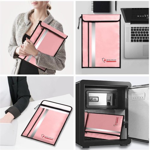 ROLOWAY Fireproof Document Bag - Waterproof Zipper & 2 Pockets | 15 x 11 Inch Pink Fire Safe Envelope for Cash & Legal Documents