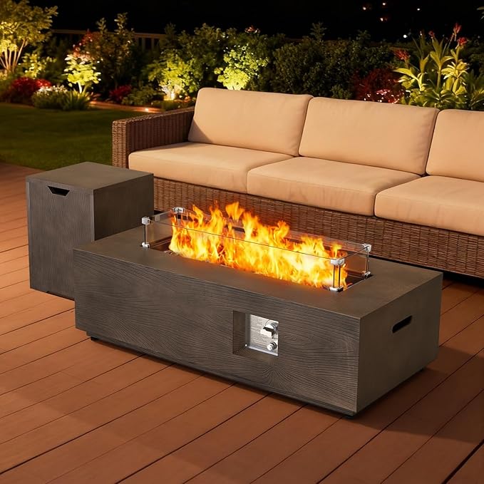 2-Piece 42" Rectangular Propane Fire Pit for Outside Patio with Hidden Tank Table, 50,000 BTU Fireplaces with Glass Wind Guard, Lid, Glass Rocks, Cover(Walnut Wood Grain)