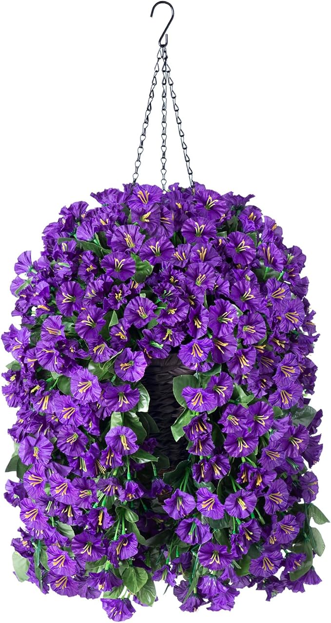 Artificial Fake Flowers Plants Hanging Baskets Outdoor Outside Spring Decor, Faux Silk Purple UV Resistant Look Real Morning Glory Home Patio Porch Balcony Decoration