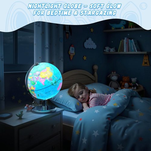 Regine Switzerland Illuminated World Globe - 8" Interactive Globe Lamp for Kids with Stable Metal Base