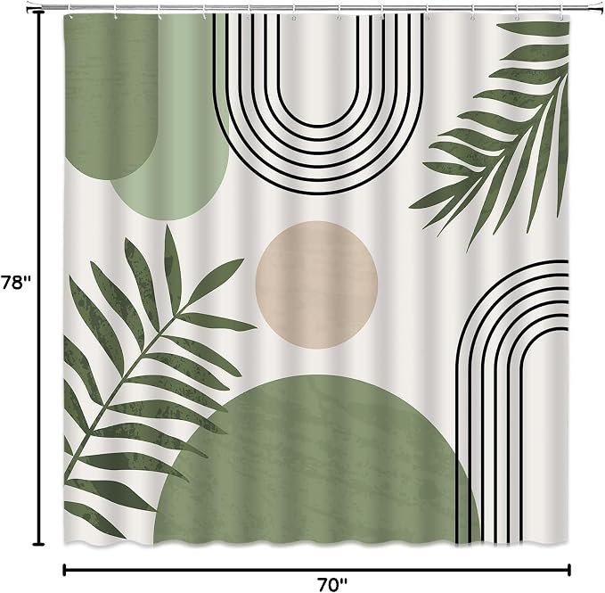 Mid Century Modern Shower Curtain Boho Sage Green Abstract Retro Aesthetic Fabric for Bathroom Decor Bathtub with Hooks (70" WX78 H)