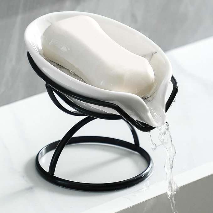 Dobbyby Leaf-Shaped Soap Dish – Ceramic Soap Bar Holder with Self-Drainage System – Bar Soap Holder for Shower, Bathroom Sink, Kitchen – Soap Dish with Stainless Steel Stand (White-Black-2 Pack)