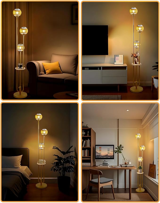 Globe Glass Floor Lamp with Table, Gold Tall Standing Lamps Dimmable, 3000K Warmwhite Mid Century Modern Floor Lamp with 5Lbs Heavy Base for Living Room/Bedroom