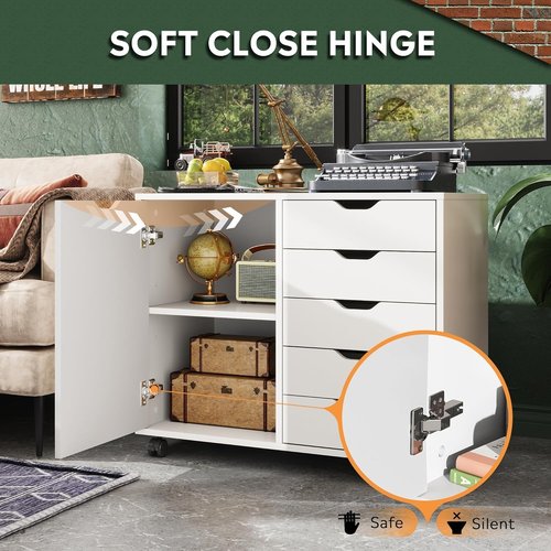 Regine Switzerland 5-Drawer Wood Storage Cabinet - Adjustable Shelf & Wheels | White, 15.7" D x 30.7" W x 25.4" H