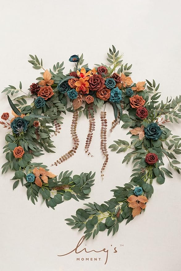 Ling's moment 9FT Flower Garland for Backdrop Decoration - Fall Wedding Arch Flowers, Eucalyptus & Rose, Artificial Floral Garland for Mantle - Sweetheart Table Decor for Ceremony, Teal & Orange
