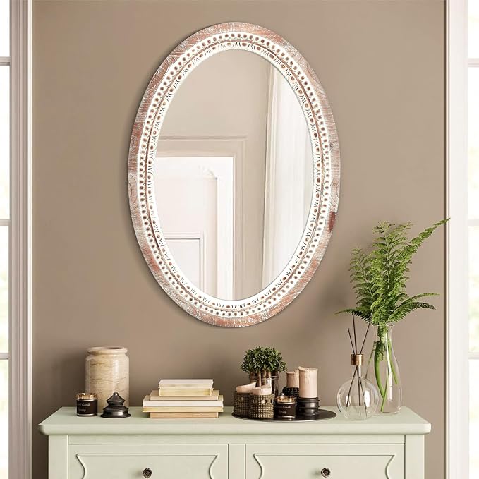 20'' Oval Wall Mounted Mirror, Wood Decorative Circle Mirrors, Boho Mirrors with Beaded Frame, Rustic Vanity Mirror, Distressed Mirror for Bathroom, Living Room, Bedroom, Entryway