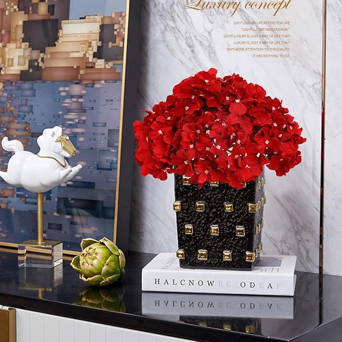 Fake Red Hydrangea Artificial Flowers - Faux Silk Hydrangeas Flowers Heads with Stems Real Touch for Home Wedding Party Table Decor(Red,Pack of 10)