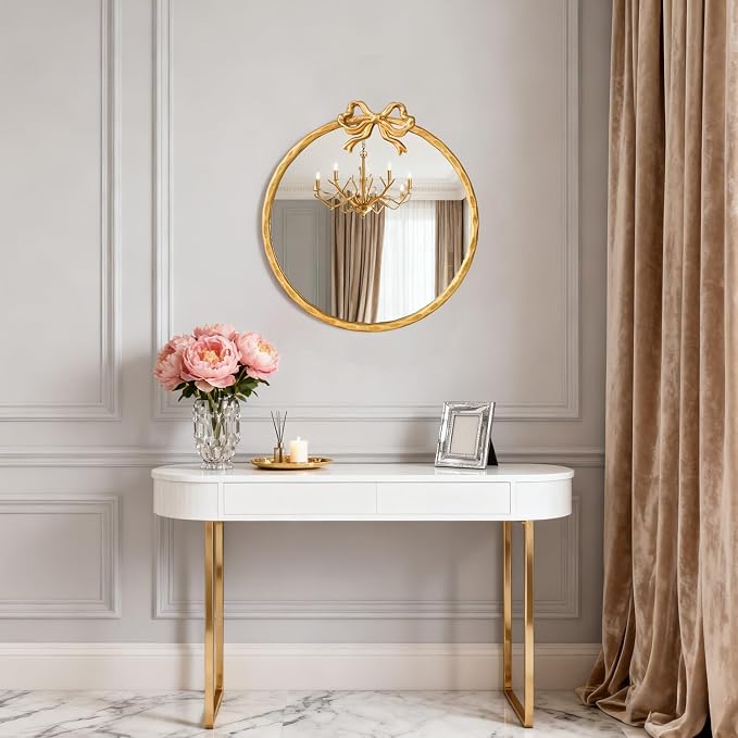 32 Inch Vintage Gold Round Wall Mirror, Antique Ornate Metal Circle Mirror with Baroque Bow Decor for Bathroom Vanity, Bedroom, Living Room, Hallway (Gold, 32" Lx32 W)