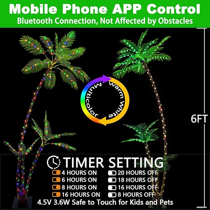 6FT Lighted Artificial Palm Tree with Three Trunks and 212 LED Lights with Remote Control and App Waterproof for Tiki Bars, Patios,Beaches,Yards Pool, Cruise Party-Warm White to Multicolor