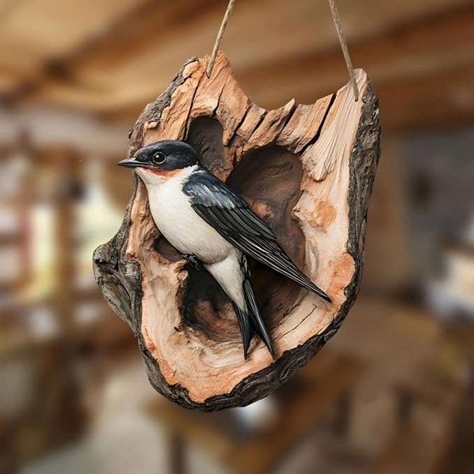DLIGGSAHN Rustic Wooden Bird Wall Decor, Natural Wood Bird Nest Hanging Ornament, Farmhouse Style Wall Art for Home, Porch, Patio & Bathroom