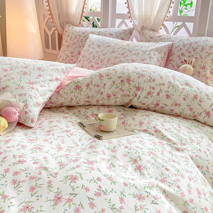 VM VOUGEMARKET Pink Flower Comforter Set Full - Cute Floral Bedding Sets for Girls Women,3 Pieces,1 Soft Lightweight Botanical Flowers Comforter with 2 Pillowcases