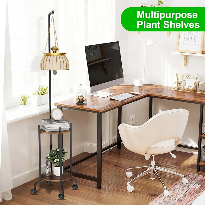 VyGrow Plant Stand Indoor, 2 Tier Hanging Tall Plant Shelf with Wheels, 3 Potted Corner Flower Stand Metal Plant Holder, Plant Shelves for Living Room, Bedroom, Patio, Outdoor, Black