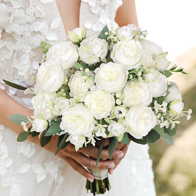 SOMYTING Peonies Artificial Flowers, Fake Flowers White Peonies Faux Flowers Vintage Artificial Silk Flower Peonies Bouquets Floral Arrangements Home Wedding Party Coffee Table Decor (White, 2PCS)