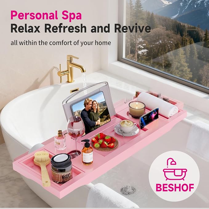 Foldable Bathtub Caddy Tray, Bamboo Bath Tub Tray Table for Tub with Wine Glass Holder Book Phone Tablet Holder with Extending Sides, Adjustable Bathroom Bathtub Free Soap Holder Gift Idea (Pink)