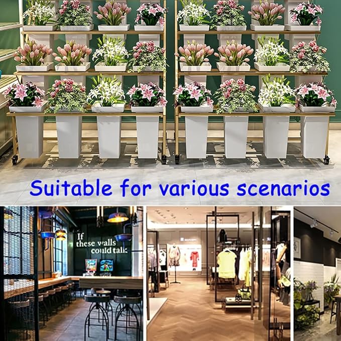 Flower Display Stand with 12pcs Bucket,Heavy Duty Plant Stand with Wheels,33in Tall Flower Cart 3 Tier Flower Shelf for Florist Garden Patio (White)