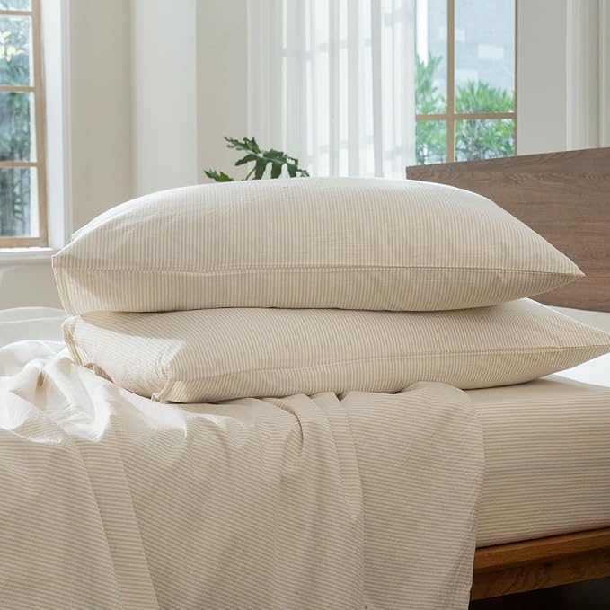MooMee Striped Duvet Cover Set 100% Washed Cotton Linen Like Textured Breathable Durable Soft Comfy (Almond Milk Grey Pinstripes, Super King 108"x98")