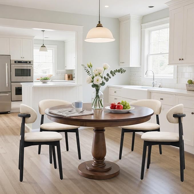 Farmhouse Dining Chairs Set of 4, Mid Century Modern Fabric Upholstered Kitchen Chairs, Wooden Dining Room Chair with Curved Back&Black Legs for Kitchen Dining Room Restaurant Cafe, Beige, Only Chairs