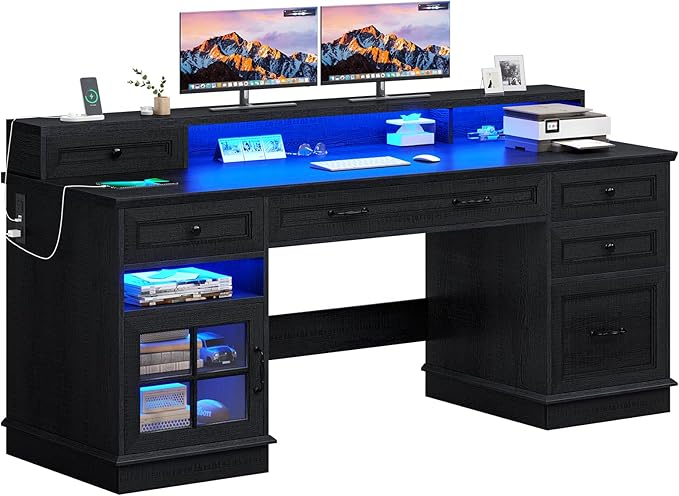 BTHFST 59.1" Executive Desk with File Drawer, Home Office Desk with Charging Station & LED Lights, Computer Desk with Drawers & Storage Cabinet, Executive Office Desk with Monitor Stand, Black