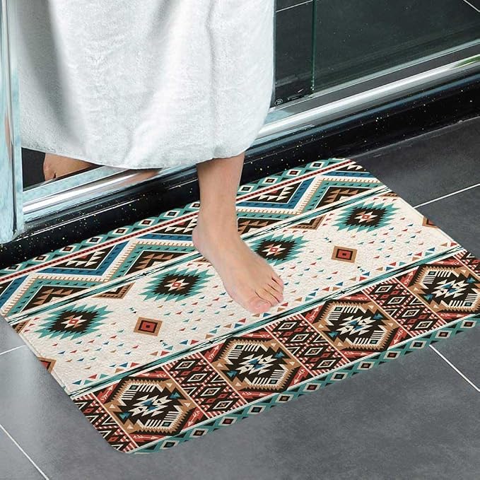 Aztec Bath Rugs for Bathroom,Southwestern Native Tribal Navajo American Ethnic Pattern Western Boho Triangular Non Slip Flannel Bathroom Rug, Dry Fast Water Absorbent Bath Mats, 17x29 Inc