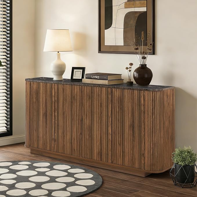64" Sideboard Buffet Cabinet with Storage, Modern Fluted Credenza with Adjustable Shelves, Wood Faux Marble-Top Coffee Bar Console Table for Living Room Kitchen Dining Room, 31.5" H, Walnut